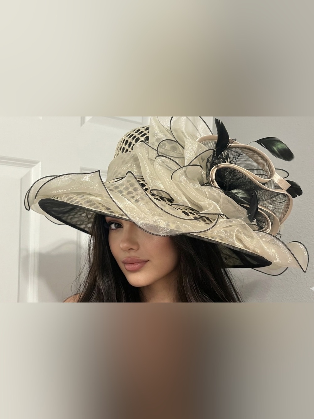 Elegant Ivory and Black Wide-Brim Floral Fascinator Hat